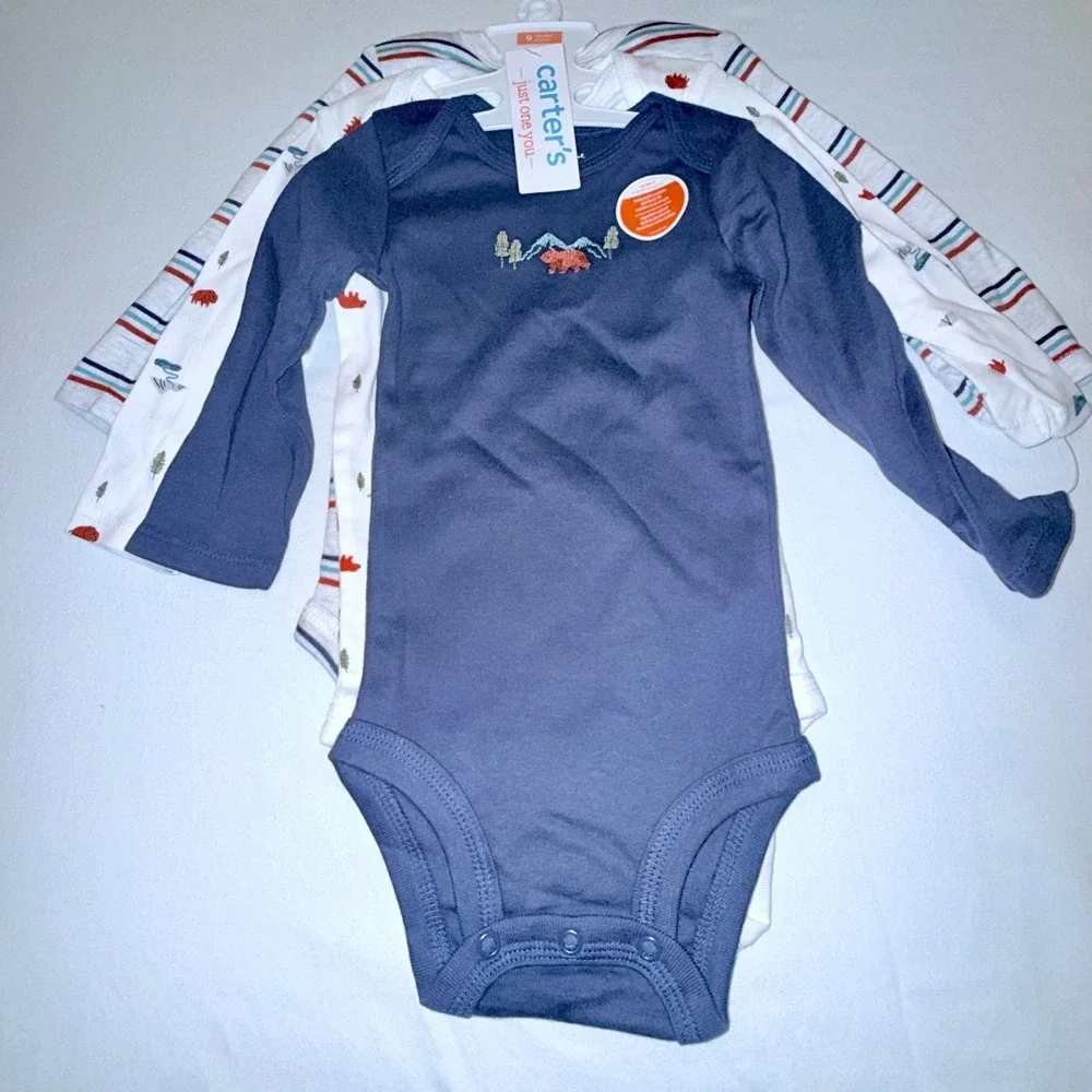 Carter's Bodysuit Set Kids 9M Blue White NEW 3-Pack Long Sleeve Bear‎ Outdoor